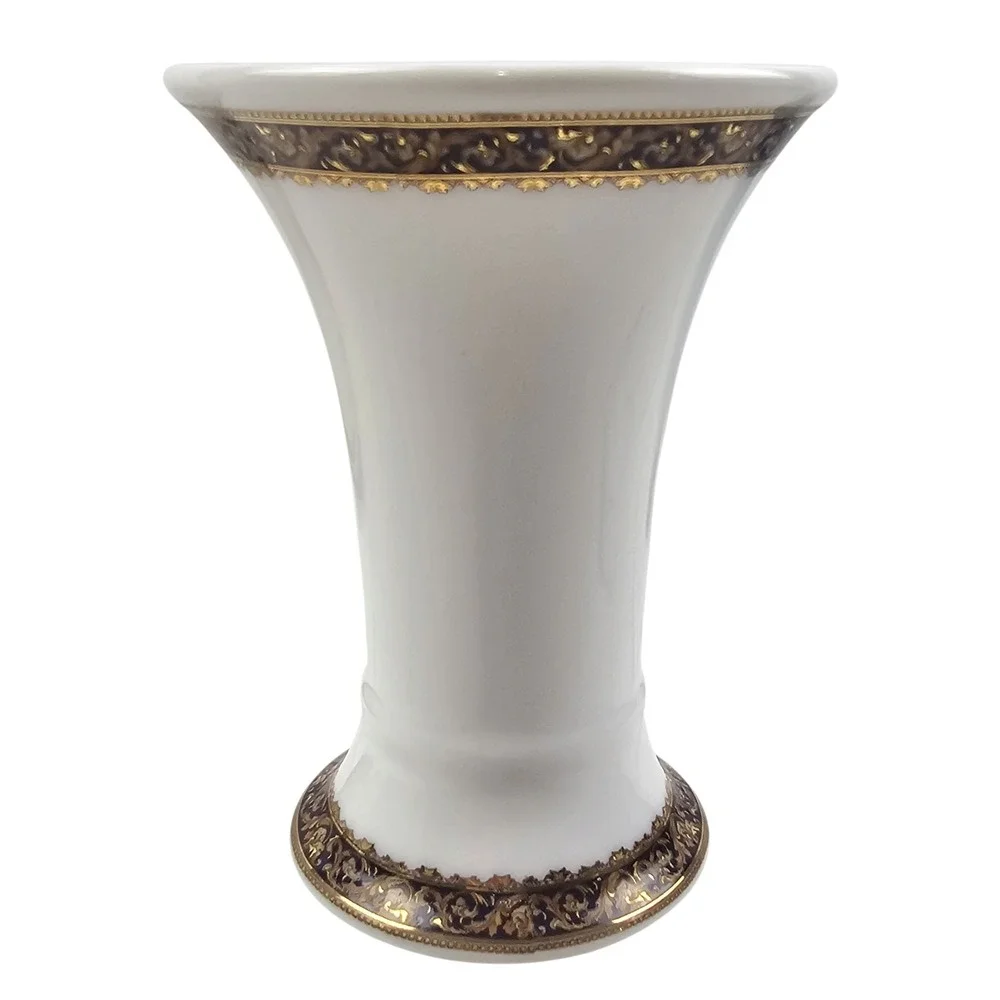 T. Limoges Bacchus Porcelain Trumpet Vase White Gold Navy Blue 7in France